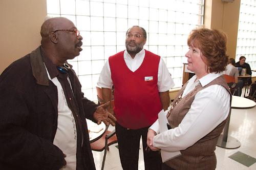 MATC Interim President Vicki Martin (R), listens intently to issues brought up by MATC student and veteran Freeman Vaughn (L) at a luncheon on November 11 at the Downtown Milwaukee Campus where local veterans were shown their appreciation. Student Life pr