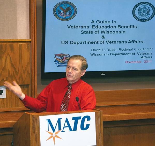 Veterans and their families had the opportunity to participate in a discussion session detailing available education benefits on Nov. 17 in Room S120. Pictured is Jim Duff, Milwaukee County Veterans Service Officer.