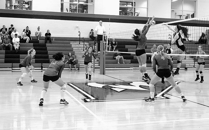 Team Co-Captain Ellie DuJardin (10) defends the net against the Madison College Wolf Pack, while the rest of the Stormers prepare to launch their next attack.