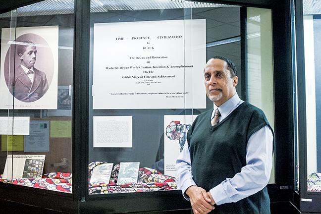 Taki S. Raton, M.A., Ed., is the organizer and curator for the African-American history exhibit titled “Time, Presence, Civilization in Black” near Room S292 in the hallway cases.   