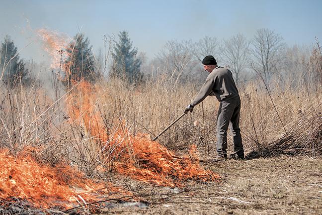 Over spring break, MATC Mequon horticulture students assisted landowner Ben Arnold (above) in a controlled prairie fire to reduce the spread of invasive species. 
