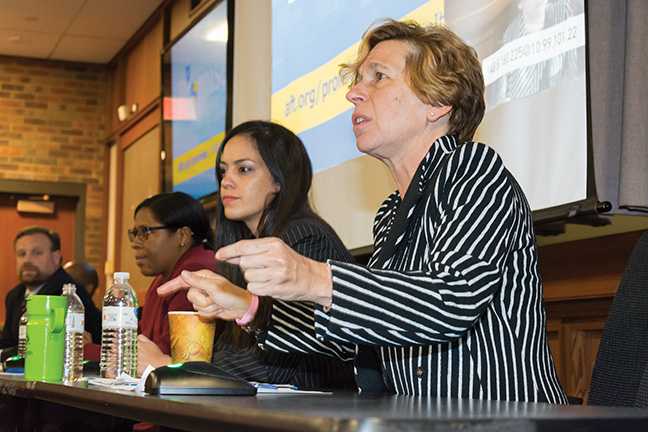 State Rep. Cory Mason, MATC student Katrona Burks, MATC instructor Luz Sosa and AFT President Randi Weingarten spoke about student debt in Wisconsin at a student forum held at the Downtown Milwaukee campus on Oct. 2.