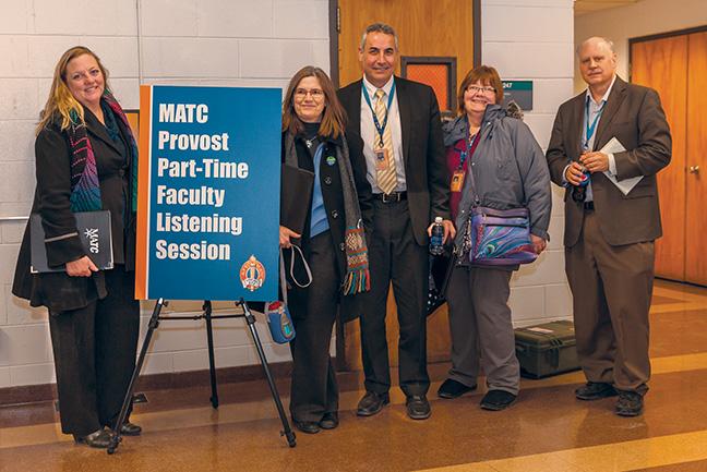 Dr. Mohammad Dakwar, MATC provost, held a listening session for Local 212 part-time staff on Feb. 24. From left, Dewey Caton, part-time School of Pre-College faculty; Janet Jennerjohn, part-time English faculty; Dakwar; Beth Zallar, part-time Health Occupations faculty; and Robert Elsner, part-time history and School of Business specialist.