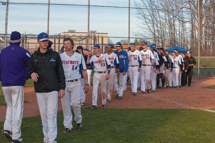 The men’s baseball team shakes hands with the Eagles from Illinois Valley Community College after a doubleheader on April 28. The men lost the first game with a score of 7-11, then bounced back and won the second game with a Mercy Rule score of 15-5.