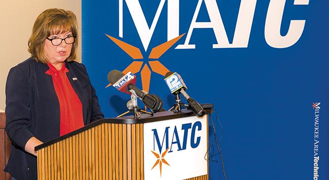 Dr. Vicki Martin addresses the media about MATC Promise, which provides free college education for area high school graduates who meet program eligibility requirements.