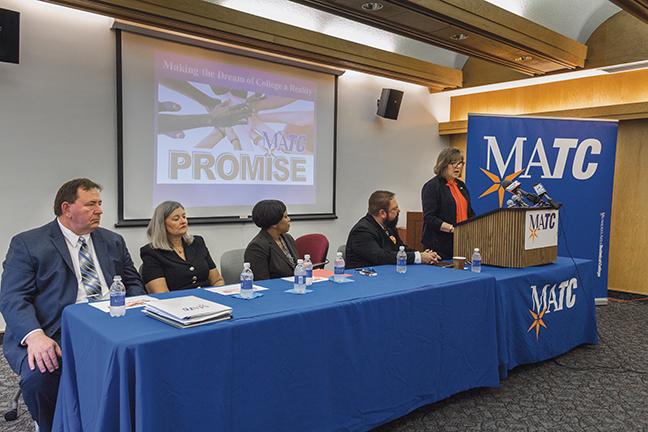 From left, Mike Mallwitz, co-chair of the MATC scholarship campaign, Julia Taylor, Greater Milwaukee Committee president, Dr. Darienne Driver, Milwaukee Public Schools superintendent, Kurt Wachholz, MATC District Board chairperson, look on as Dr. Vicki Martin, MATC president, announces the details of the MATC Promise to the public.