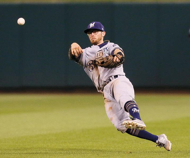 Milwaukee Brewers second baseman Eric Sogard throws out St. Louis Cardinals' Yadier Molina on a groundout in the eighth inning during a game between the St. Louis Cardinals and the Milwaukee Brewers on Thursday, June 15, at Busch Stadium in St. Louis. The Brewers won 6-4. (Chris Lee/St. Louis Post-Dispatch/TNS)