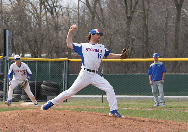 Stormer pitcher #19 Tyler Mauch demonstrates great form with his pitching.