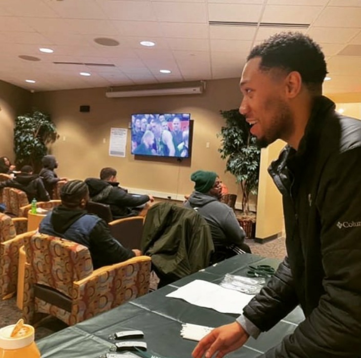 Alumnus Ja Quin Brown-Holland enjoyed his time at the college as the Milwaukee Bucks brand ambassador. This watch party was one of the last events held before the lockdown.
