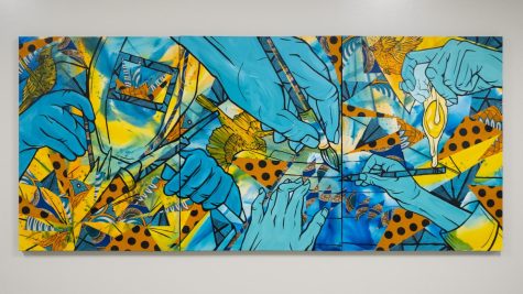 Artist John Kowalczyk created the mixed-media painting collage titles Create, Cultivate, Collaborate specifically for the Colleges Community Art Collection.