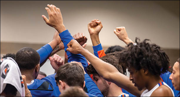 Stormers players rally together during a halftime huddle on their road to the teams first NJCAA National Championship.
