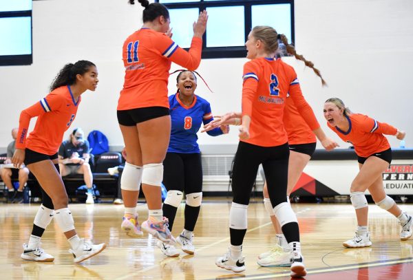 The Stormers’ celebrate during their September 1, game against Bay College at the Stormer Invitational.