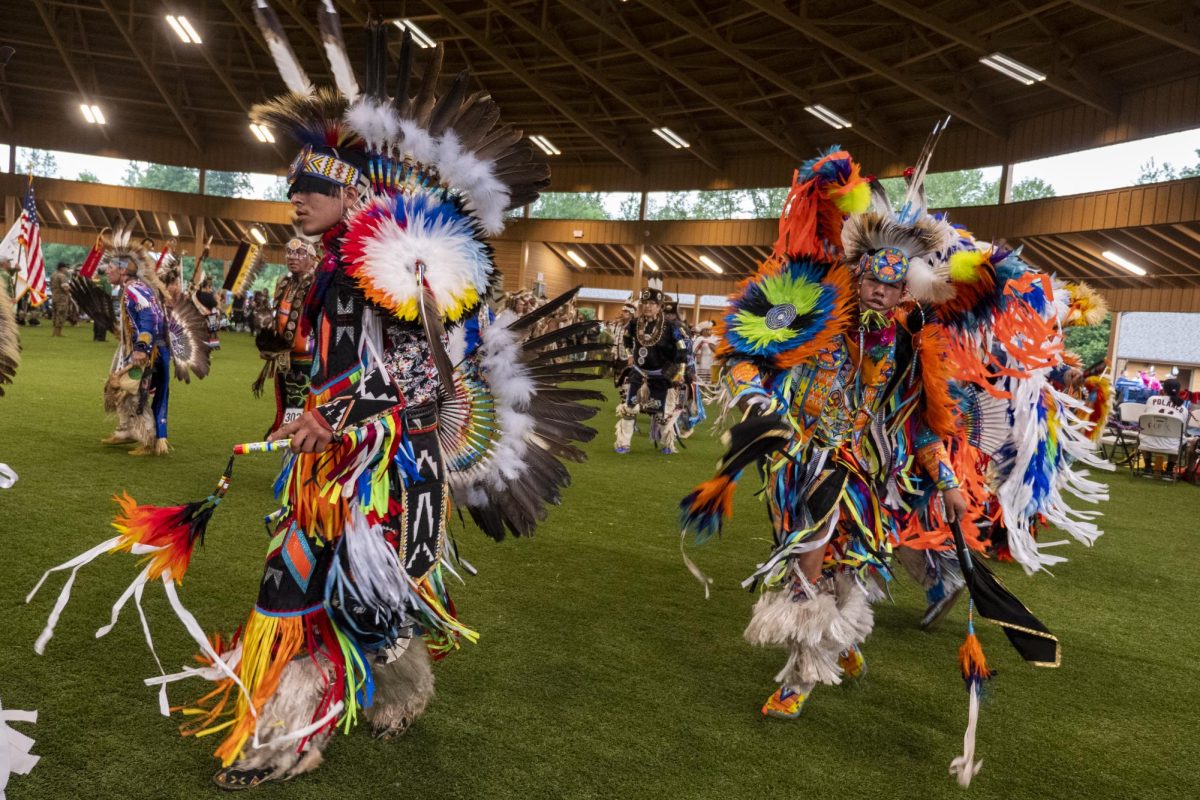 Colorful powwow regalia is seen during the Grand Entry at a powwow on the Menominee Reservation two years ago. The dancer’s powwow outfit reflects their lives, interests and family background. 