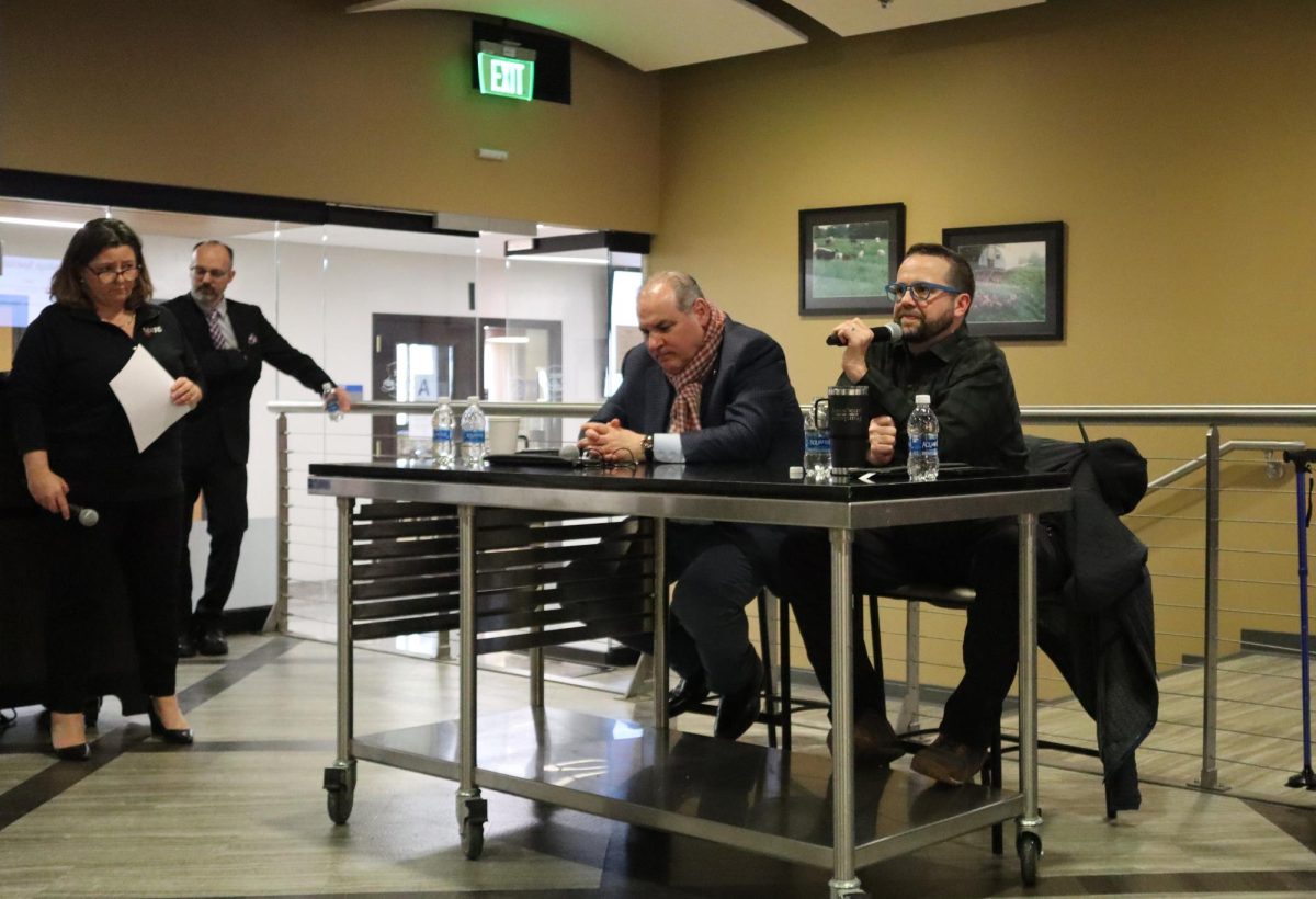 Chef Paul Bartolotta (L) and local chef and restaurateur Dan Jacobs (R) listen as MATC students ask questions about the profession and what its like to be on Top Chef during their visit to the Downtown Campus at the end of March.