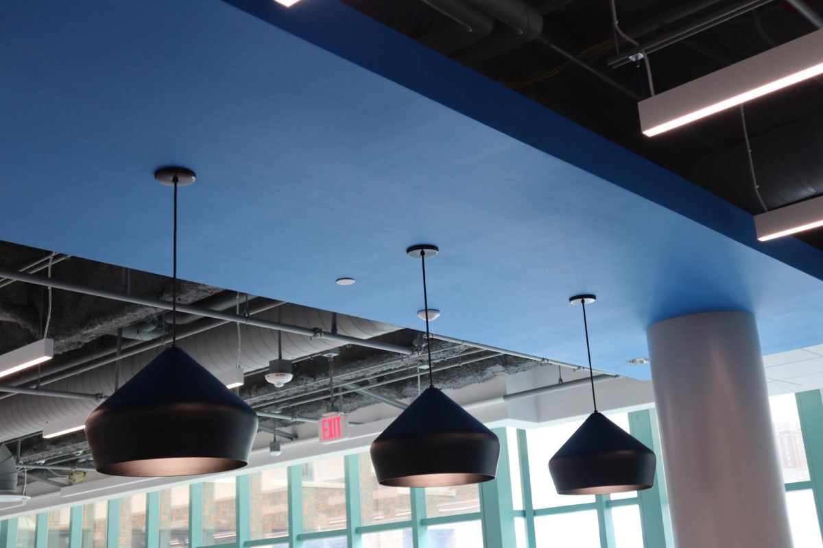 These drop down lights offer a pop of color and interest to the ceiling of the Student Lounge and Rec Center at the Downtown Campus. Most of the ceiling is gray-textured industrial steel beams and duct work with hanging florescent lights that you can see in the background.