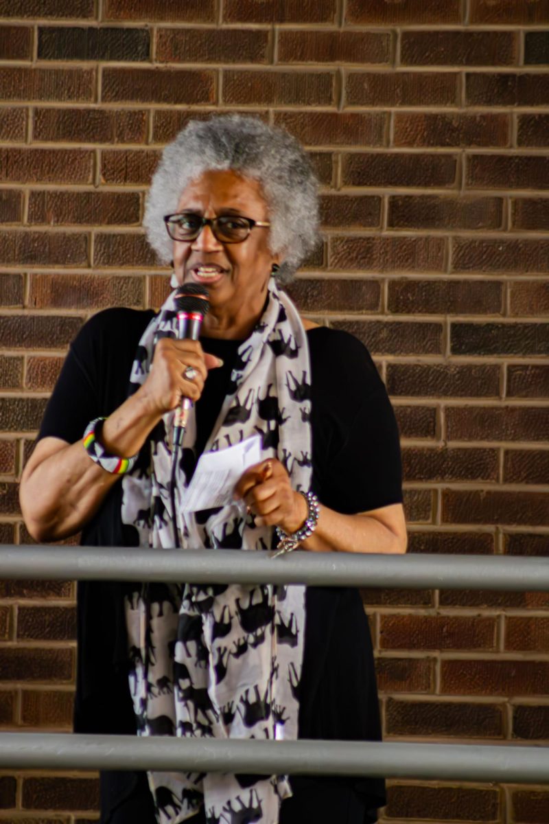 Margaret Henningson, known as the mother of Milwaukees Juneteenth celebration, speaks to those gathered at MATCs Juneteenth flag-raising ceremony.