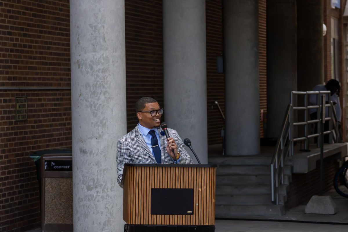 MATC Student Services Specialist Kyle Hayden speaks to those gathered at the Juneteenth flag-raising ceremony at MATCs Downtown Campus.
