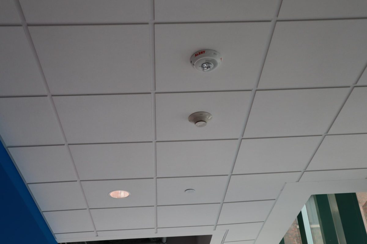 Ceiling safety devices for visually impaired students in the third floor hallway by the Student Lounge and Rec Center in the S Building at the Downtown Campus