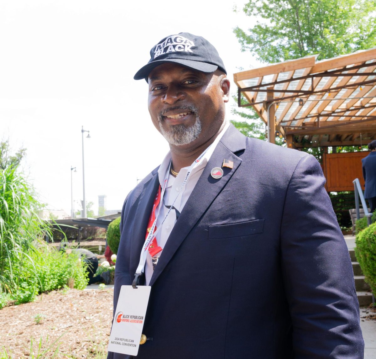 Leon Benjamin, a Republican and a pastor, wears a MAGA Black hat while in Milwaukee attending a Republican National Convention (RNC) event.