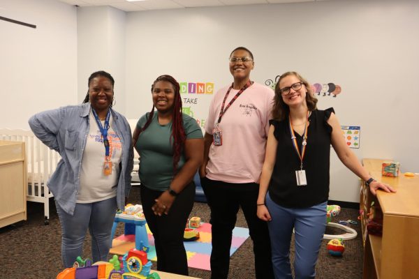 Your friendly Stormers Little Village staff poses inside the new child care drop-in center in M172. The facility opened on Monday, July 22. Those picture (left to right) are: Lead Child Care Teacher, Tamara Allen; Child Care Attendant, Valencia Nelson; Child Care Attendant, BreAnna Jones; Manager, Scholarship Programs, Sara Cappaert.