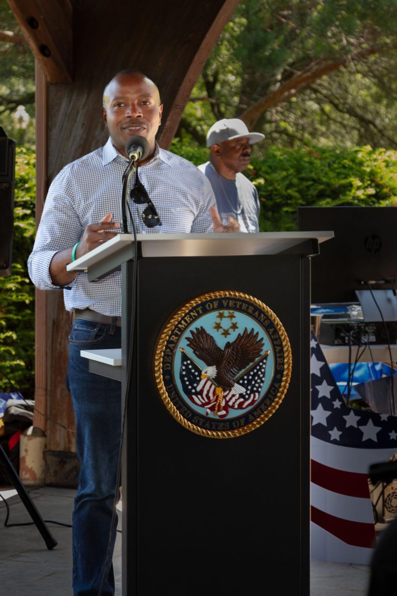 Mayor Cavallier Johnson speaks at the July 3 Independence Day Celebration for Veterans at the Milwaukee VA Center.