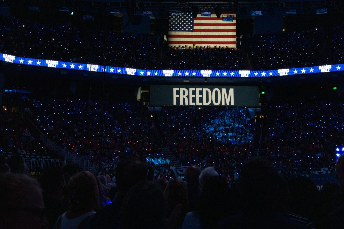 Milwaukee's Fiserv Forum's decoration and layout to host  Vice President Kamala Harris and Minnesota Gov. Tim Walz for their rally on Tuesday night August 20th, 2024. 
