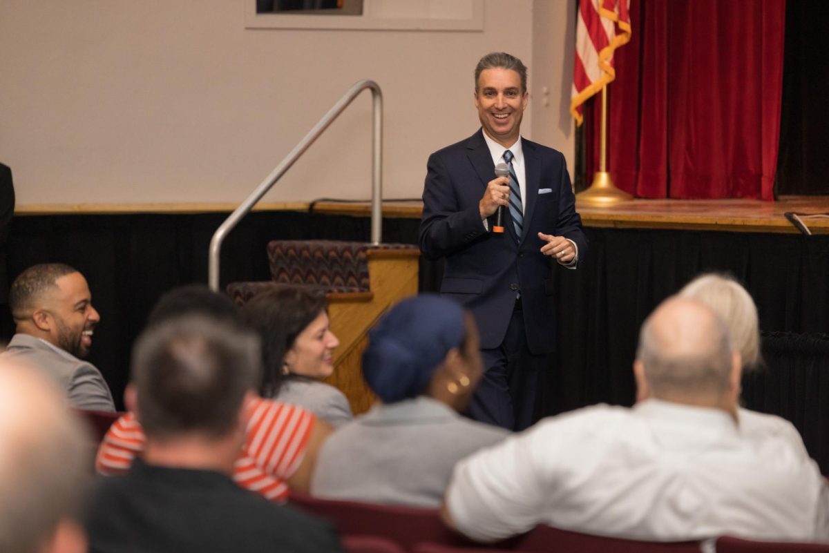 MATC President Dr. Anthony Cruz fires up the faculty with shouts of “Go Stormers!” at a faculty Coordination Day event. (Photo courtesy of Tim Evans, MATC Marketing and Communications)