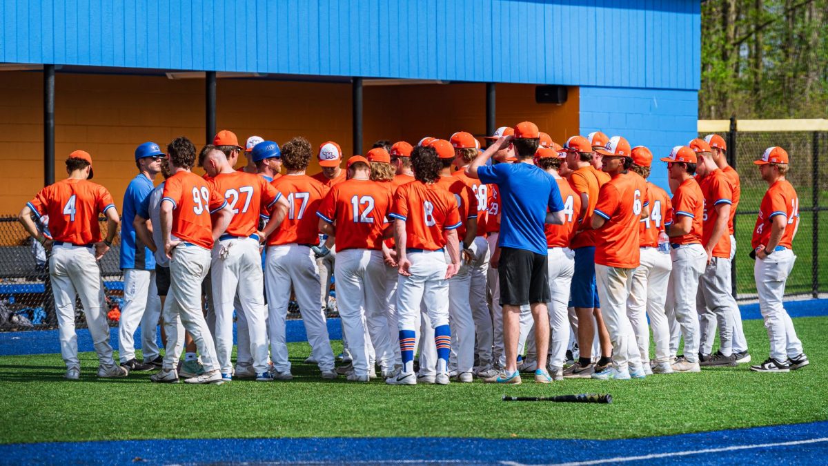 The Stormers Baseball team huddles up before a game in the Spring 2024 semester.