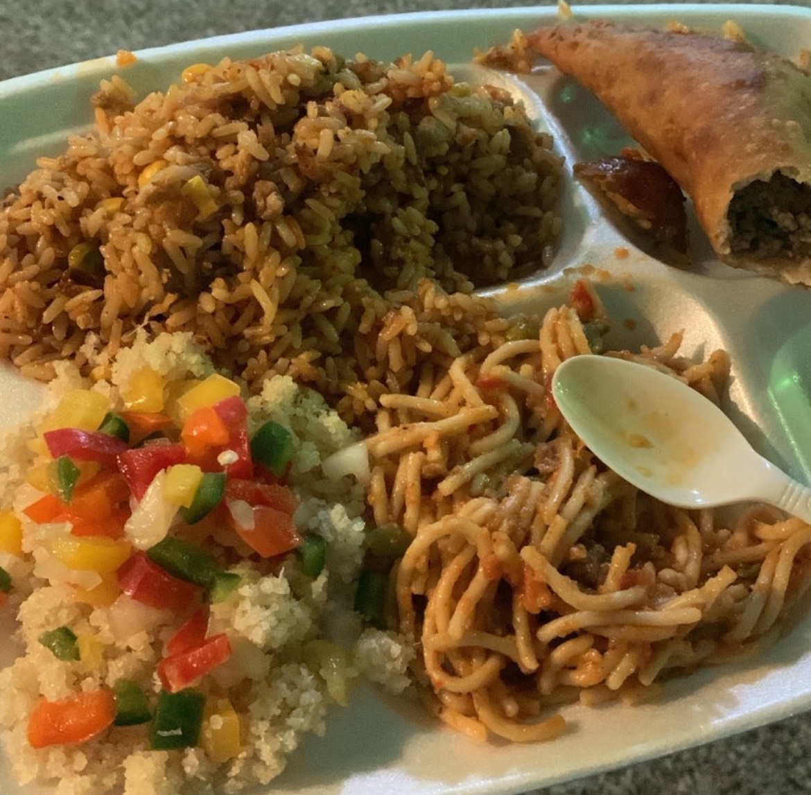 MATC Times Writer Abe Johnson shared this photo of a traditional Liberian dish his mother makes during the holidays. The food on the left is called acheke; the fried rice on the top left has its own spin on it. The food at the top right is called meat pie and spaghetti is on the bottom right.