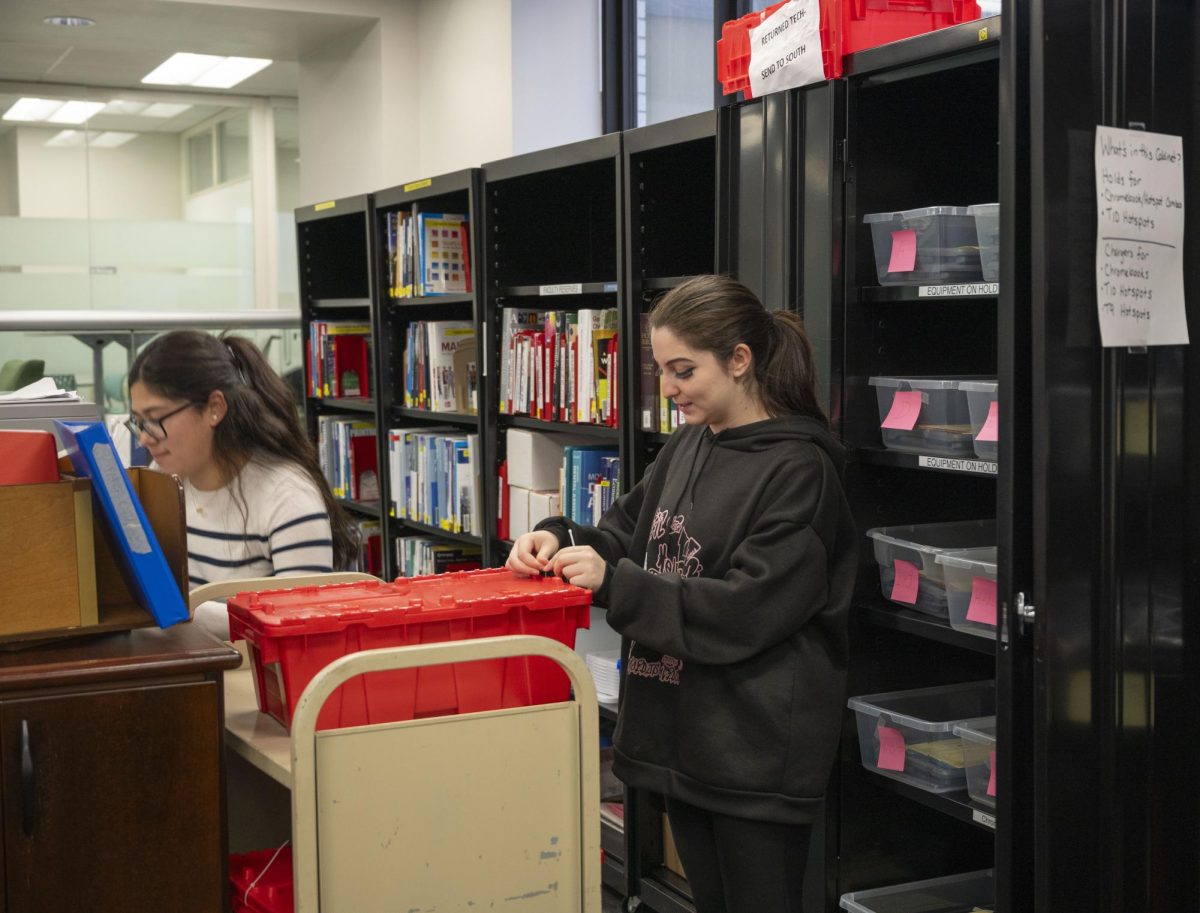 Librarian Amy helps to organize paperwork.