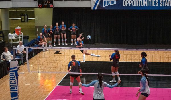 #3 Sophomore Outside Hitter/Defense Specialist Sam Seihr puts the ball back in play against Harford Community College in the NJCAA Division II National Tournament. November 20,2024.