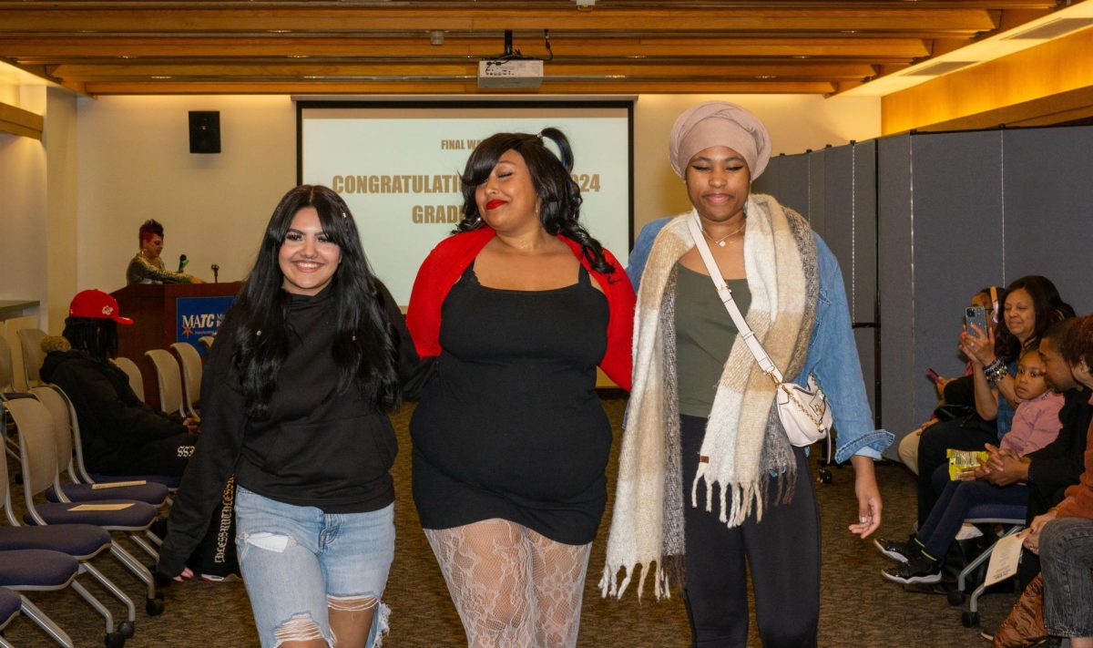 Advanced cosmetology graduates Alexa Guzman and Alexis Wilson  do a final walk with their model for their “Y2K Video Vixen” theme for MATC’s The Edge: A Beauty Showcase. December 11,2024. 