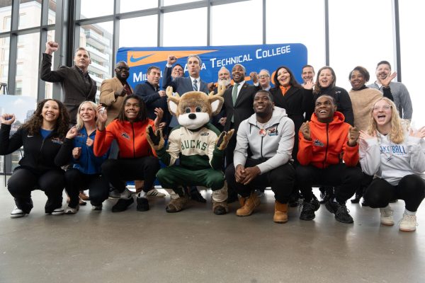 MATC athletes, local dignitaries and others pose at a news conference announcing a new shared-use athletic facility near the Downtown Campus. MATC has signed a lease agreement to build the new facility. The (yet to be named) facility is being co-developed and co-owned by the Milwaukee Bucks and J. Jeffers & Co. 