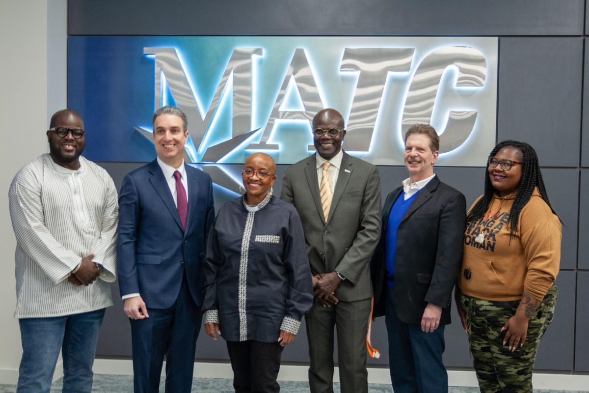 MATC faculty members, President Dr. Anthony Cruz (second from left) and spoken word artist, Brit Nicole (far right) pose for a picture with Rev. Nontombi Naomi Tutu (center) during the MATC Dr. Martin Luther King Jr. birthday celebration on January 15,2025. 