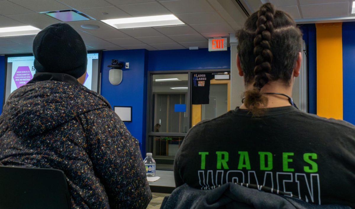 The back of a prospective students’ shirt reads “trades women” while sitting in the Manufacturing, Construction & Transportation (MCT) Pathway’s Labor Ladies welcoming on January 15, 2025. 