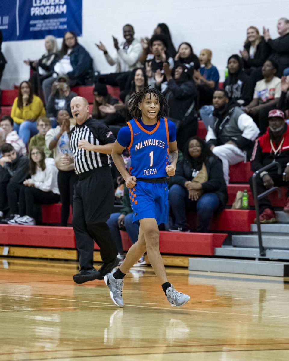 Freshman Julian Valentine jogs back on defense after hitting a three-point shot at the game against Moraine Valley Community College back in November 2024. 