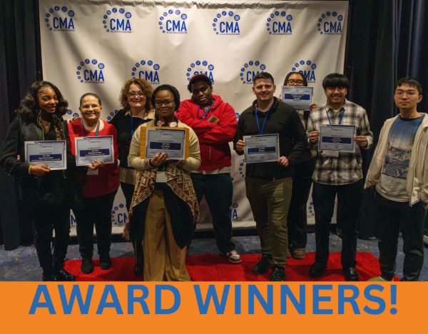 MATC Times staff wins six National College Media awards at a convention in New York City. (Pictured from left to right) Times Editor-in-Chief Zanaia Joshua, Student Life Manager Anne-Marie Bernard, Times Advisor Barb Volbrecht, Arts & Entertainment Editor Reniqua Brown, Writer and Business Manager Abe Johnson, Managing Editor Warren Murphy, Photo Editor Cierra Pleshette Wilson, Photographer Juan Carlos Wood, Photographer Jang Vuong. This picture was taken by a student photographer from another college publication who was attending the event. (The award winners text was added to the photo.)