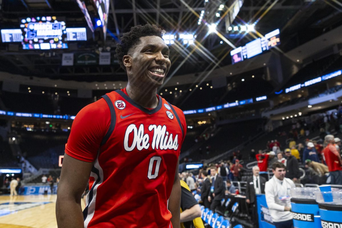 Ole Miss junior forward Malik Dia is all smiles after their win over Iowa State on Sunday March 23, 2025.