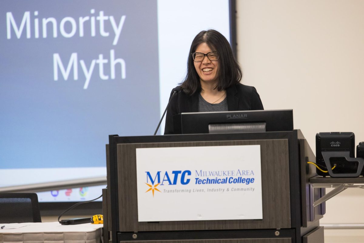 Christine Leung, MATC Asian Affinity Group co-lead and MATC web-design specialist, speaks candidly about her story and the impact stereotypes at the "Beyond the Model Minority Myth" event. 
(photo provided courtesy of MATC Photographer Tim Evans)