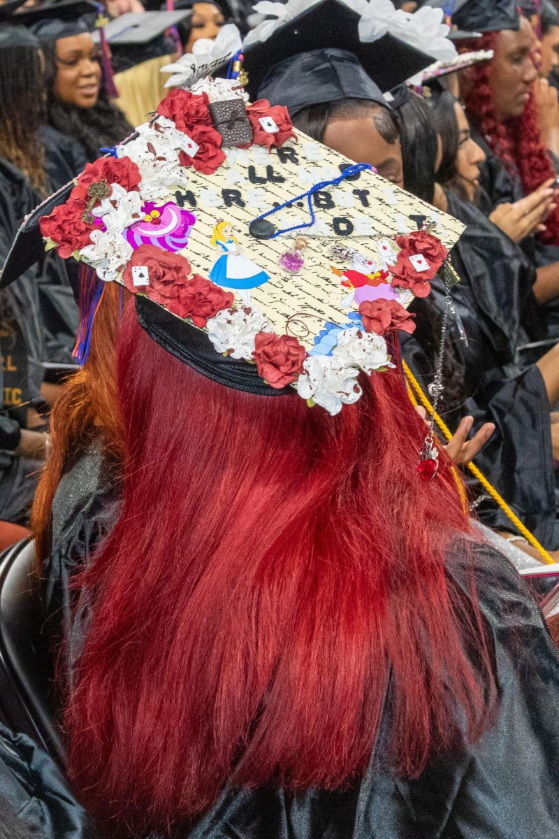 Many students decorate their caps to stand out in the crowd of black caps and gowns at graduation.