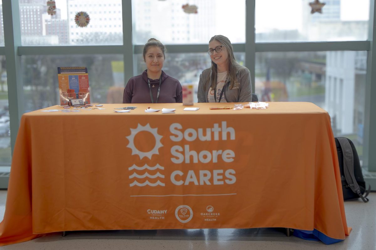 Two people from South Shore Cares stopped by the M Building at the Downtown Campus to promote vending machines where you can get Narcan and other harm reduction supplies for free.

