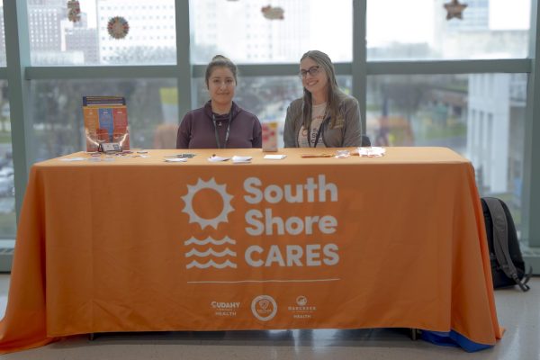 Two people from South Shore Cares stopped by the M Building at the Downtown Campus to promote vending machines where you can get Narcan and other harm reduction supplies for free.


