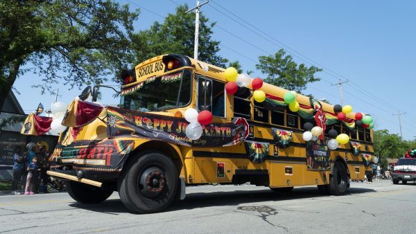 School bus decorated in honor of Juneteenth Day during the Juneteenth Parade. Thursday, June 19, 2025.