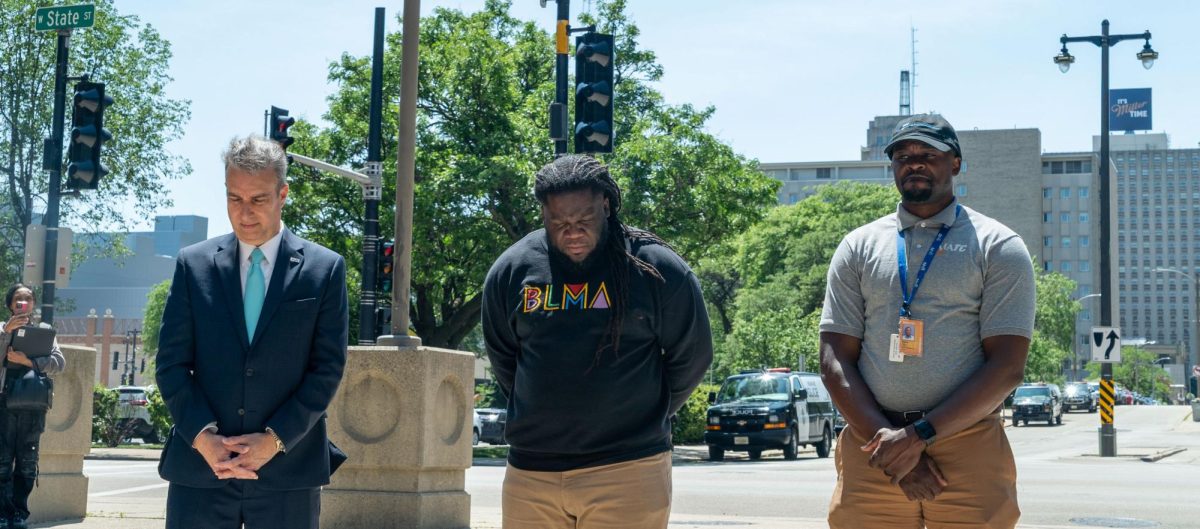 President Anthony Cruz, Equan Burrows, Dean of Student Experience and Walter Cullin Jr, HR Credentialing & Certification take a moment of silence during the Juneteenth Flag Raising Ceremony on Tuesday, June 17, 2025.
