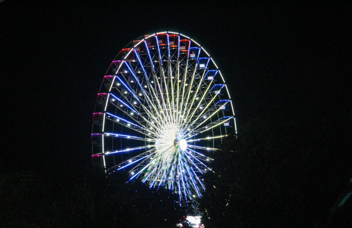 The State Fair’s Wonder Wheel illuminates the fair grounds at night.