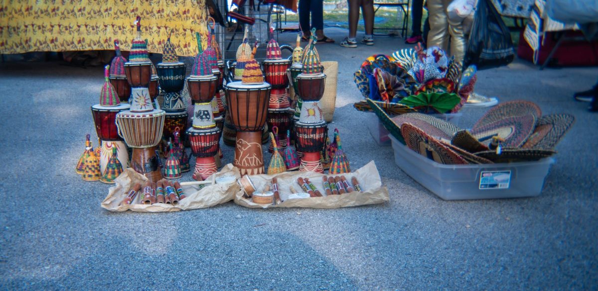 African drums, fans, and other instruments for sale at the Black Arts Fest.