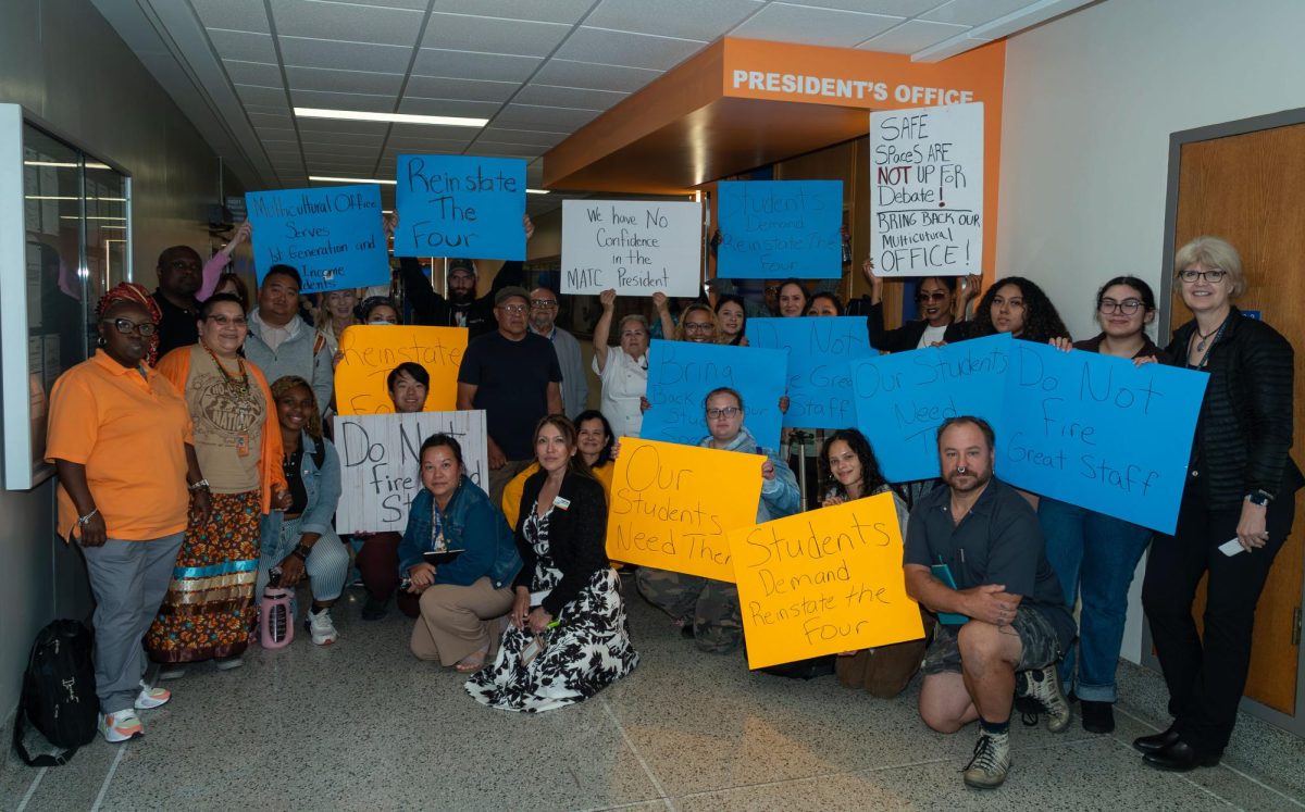 MATC students, staff, faculty, and community members show their support of the Multicultural Services office  outside of President Cruz’s office. This group photo was taken after the MATC District Board Meeting on August 26, 2025. 