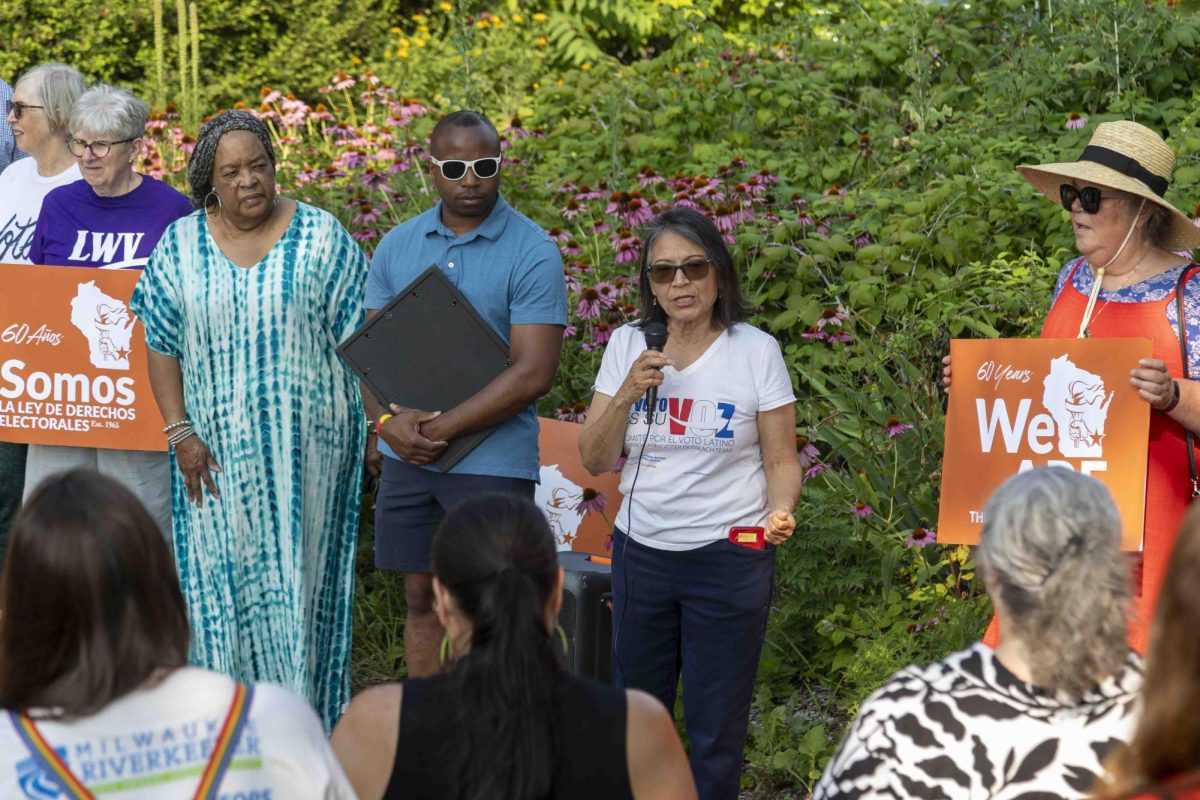 Eloisa Gómez, chair of Comité por el Voto Latino/Latinx Voter Outreach (CVL-LVO), address supporters at the Voting Rights Act 60th Anniversary celebration held at Ezekiel Gillespie Park on Wednesday, August 6, 2025.
