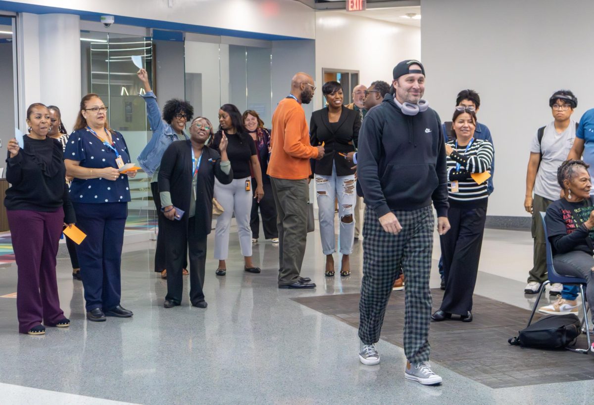 A student models how "not to" dress for a job or internship interview.