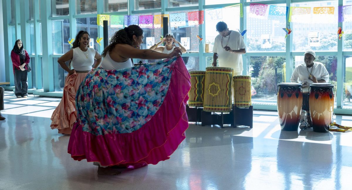 President Anthony Cruz, staff, faculty, and students enjoy the sounds of the drums with the Panadanza dancers for the Kick off Hispanic Heritage Month celebration. Sept 16, 2025.